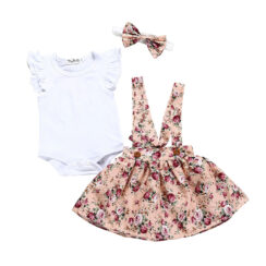 Flower Pattern Ribbon Suspender Dress & Plain Color Sleeveless Onesie with Headband