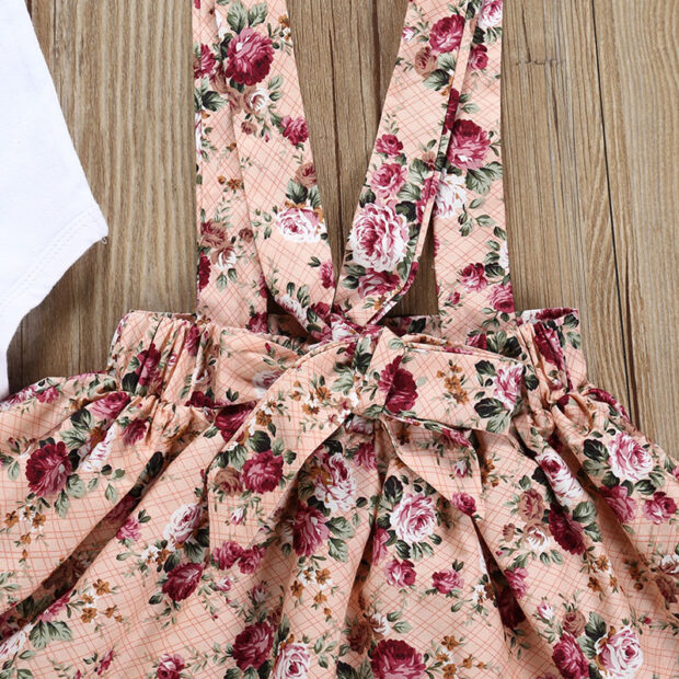Flower Pattern Ribbon Suspender Dress & Plain Color Sleeveless Onesie with Headband - Image 5