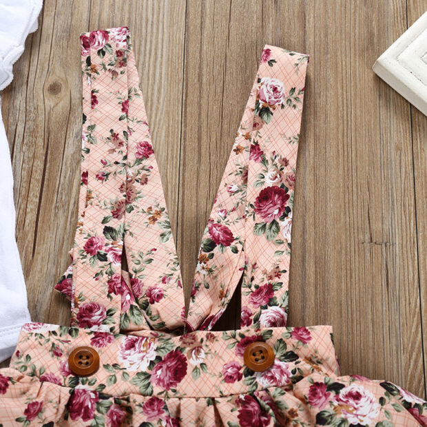 Flower Pattern Ribbon Suspender Dress & Plain Color Sleeveless Onesie with Headband - Image 4