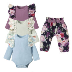 Flower Ribbon Elastic Pants & Ribbed Pattern Onesie Long Sleeve