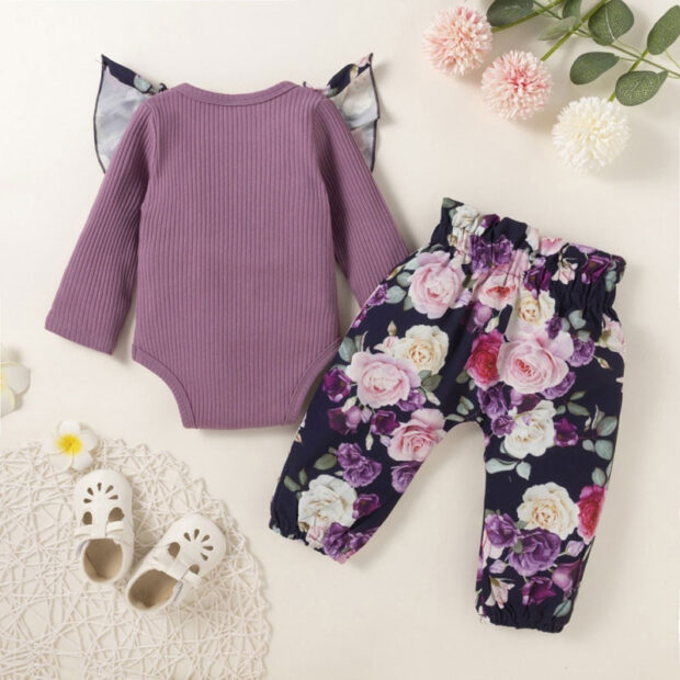 Flower Ribbon Elastic Pants & Ribbed Pattern Onesie Long Sleeve - Image 2