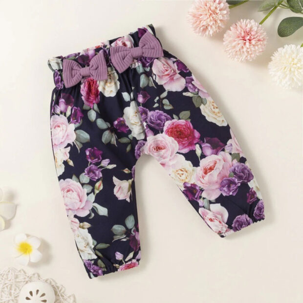 Flower Ribbon Elastic Pants & Ribbed Pattern Onesie Long Sleeve - Image 6