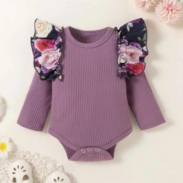 Flower Ribbon Elastic Pants & Ribbed Pattern Onesie Long Sleeve - Image 3
