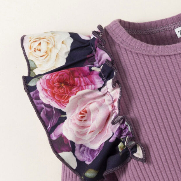 Flower Ribbon Elastic Pants & Ribbed Pattern Onesie Long Sleeve - Image 4