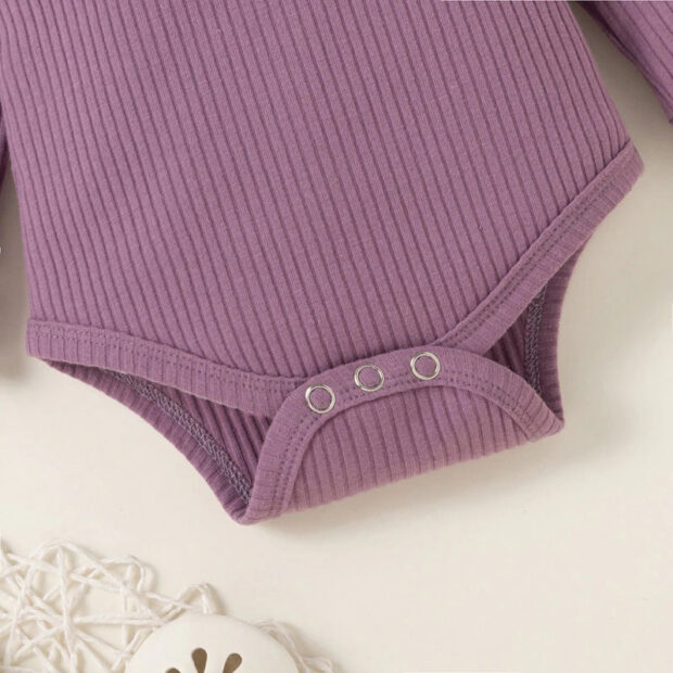 Flower Ribbon Elastic Pants & Ribbed Pattern Onesie Long Sleeve - Image 5