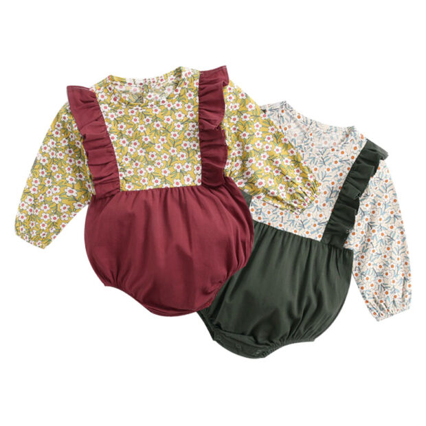 Baby Girl Flower Print Bodysuit with Ruffles Long Sleeve