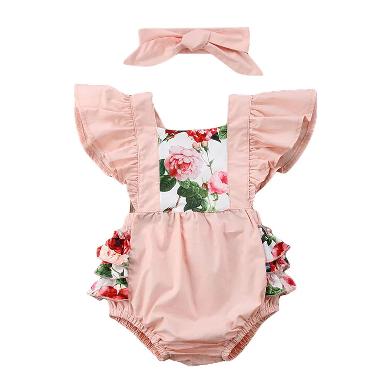 Flower Pattern Suspender Romper Sleeveless Open Back