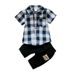 Folded Collar Checkered Pattern Flannel Shirt & Elastic Shorts Short Sleeve Outfit