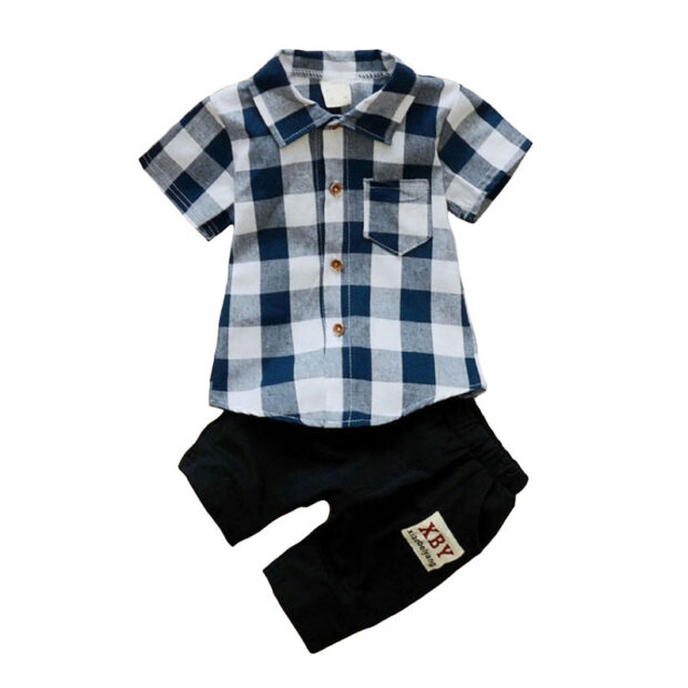 Folded Collar Checkered Pattern Flannel Shirt & Elastic Shorts Short Sleeve Outfit