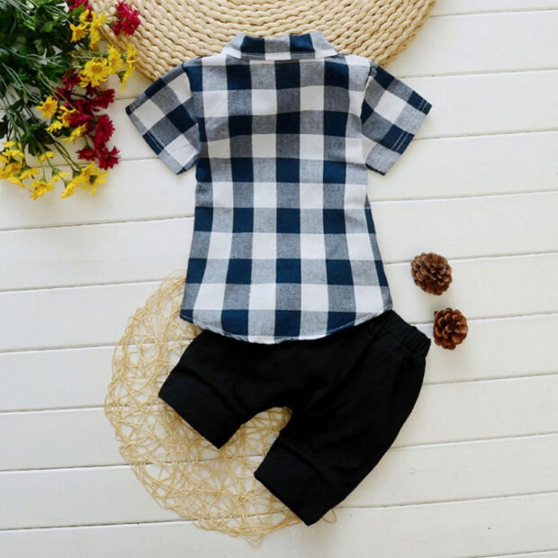Folded Collar Checkered Pattern Flannel Shirt & Elastic Shorts Short Sleeve Outfit - Image 2