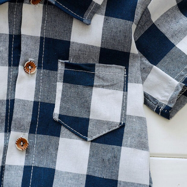 Folded Collar Checkered Pattern Flannel Shirt & Elastic Shorts Short Sleeve Outfit - Image 4