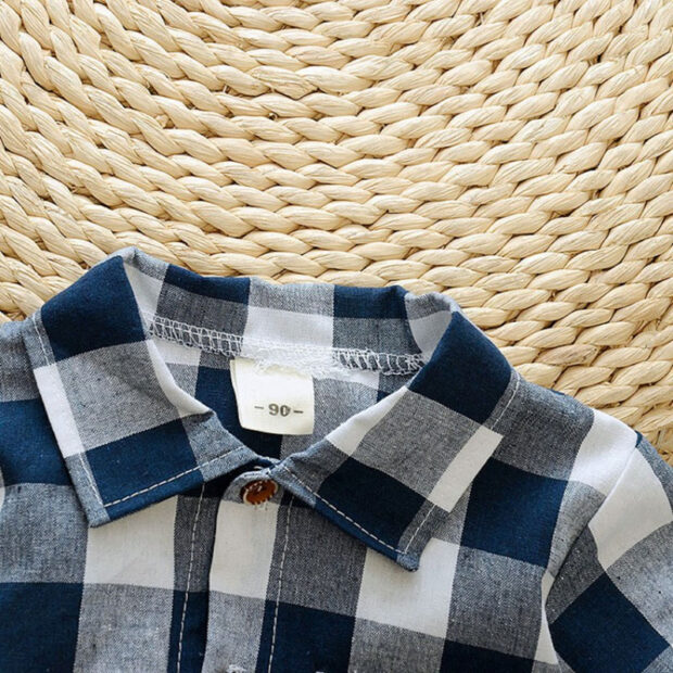 Folded Collar Checkered Pattern Flannel Shirt & Elastic Shorts Short Sleeve Outfit - Image 3