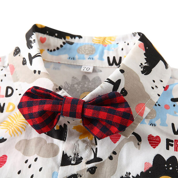 Folded Collar Dinosaur Print Button Up Bodysuit & Denim Shorts Short Sleeve with Bow Tie & Braces - Image 2