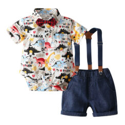 Folded Collar Dinosaur Print Button Up Bodysuit & Denim Shorts Short Sleeve with Bow Tie & Braces