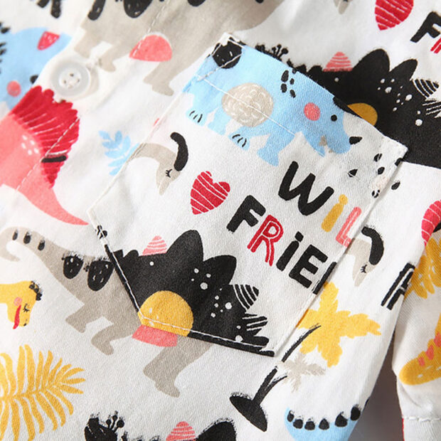 Folded Collar Dinosaur Print Button Up Bodysuit & Denim Shorts Short Sleeve with Bow Tie & Braces - Image 3