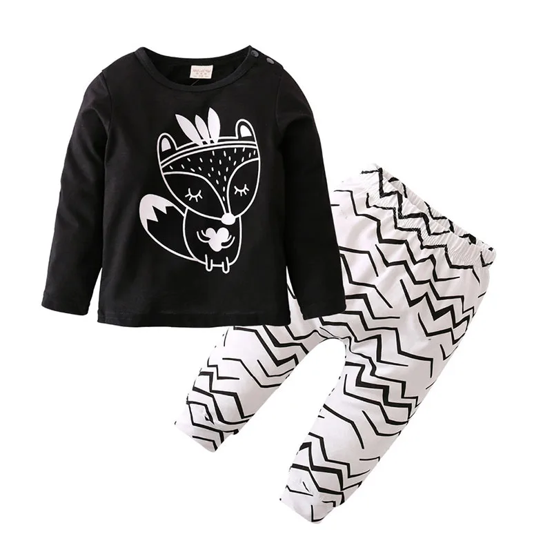 Long Sleeves Cartoon Fox Shirt Zig Zag Print Sweatpants
