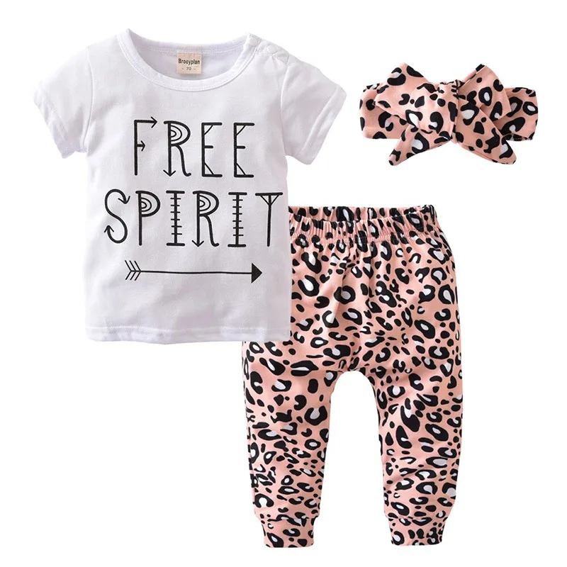 Baby Girl Letter Print Free Spirit T-Shirt & Leopard Pattern Pants with Ribbon Headband