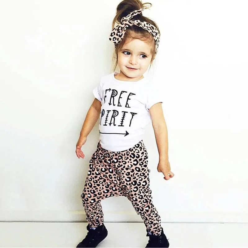 Baby Girl Letter Print Free Spirit T-Shirt & Leopard Pattern Pants with Ribbon Headband - Image 6