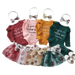 I Got it From Mama Letter Print Onesie & Floral Pattern Mesh Skirt Long Sleeve
