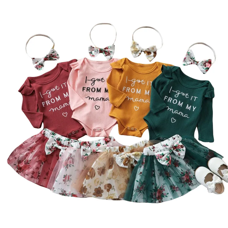 I Got it From Mama Letter Print Onesie & Floral Pattern Mesh Skirt Long Sleeve