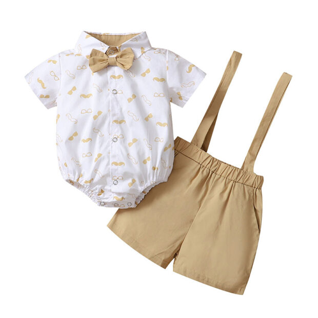 Gentlemen Mustache Print Polo Onesie & Suspender Shorts with Bow Tie Short Sleeve - Image 2