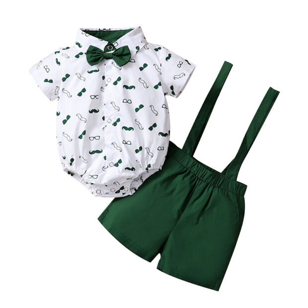 Gentlemen Mustache Print Polo Onesie & Suspender Shorts with Bow Tie Short Sleeve - Image 3