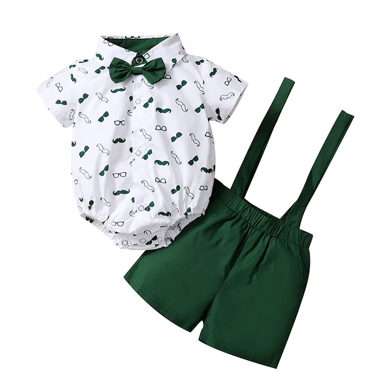 Gentlemen Mustache Print Polo Onesie & Suspender Shorts with Bow Tie Short Sleeve - Image 3