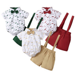 Gentlemen Mustache Print Polo Onesie & Suspender Shorts with Bow Tie Short Sleeve