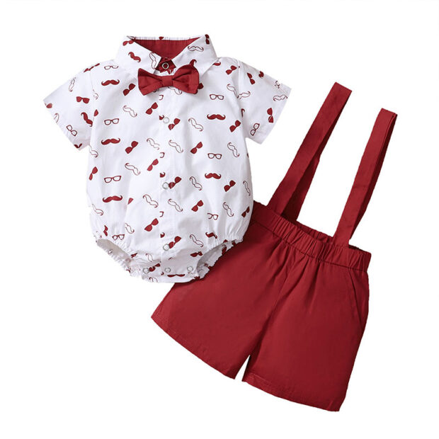 Gentlemen Mustache Print Polo Onesie & Suspender Shorts with Bow Tie Short Sleeve - Image 4