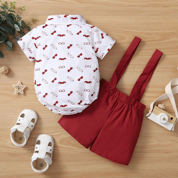 Gentlemen Mustache Print Polo Onesie & Suspender Shorts with Bow Tie Short Sleeve - Image 5