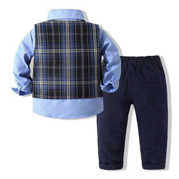 Baby Gentlemen Suit Solid Color Button Up Shirt & Pants Long Sleeve with Bow Tie & Plaid Vest 4 pcs Set