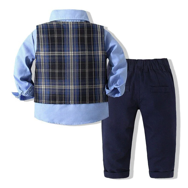 Baby Gentlemen Suit Solid Color Button Up Shirt & Pants Long Sleeve with Bow Tie & Plaid Vest 4 pcs Set - Image 2