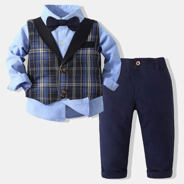 Baby Gentlemen Suit Solid Color Button Up Shirt & Pants Long Sleeve with Bow Tie & Plaid Vest 4 pcs Set