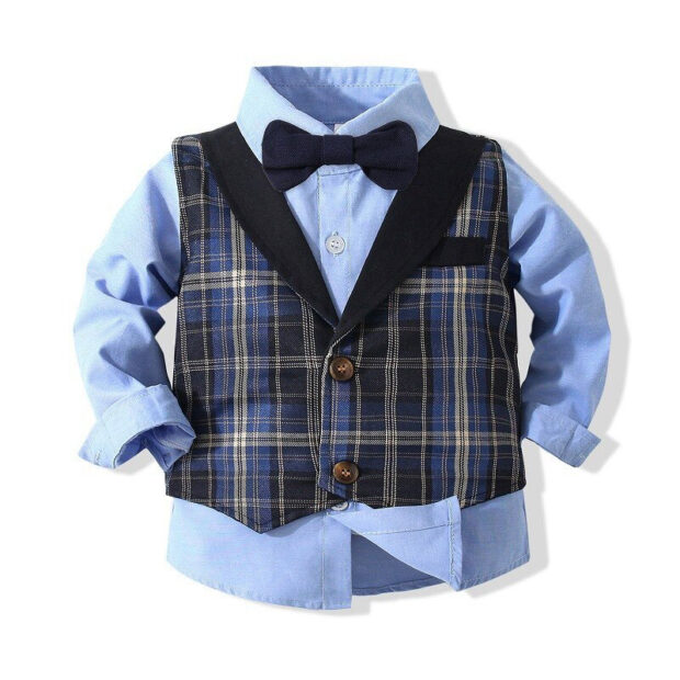 Baby Gentlemen Suit Solid Color Button Up Shirt & Pants Long Sleeve with Bow Tie & Plaid Vest 4 pcs Set