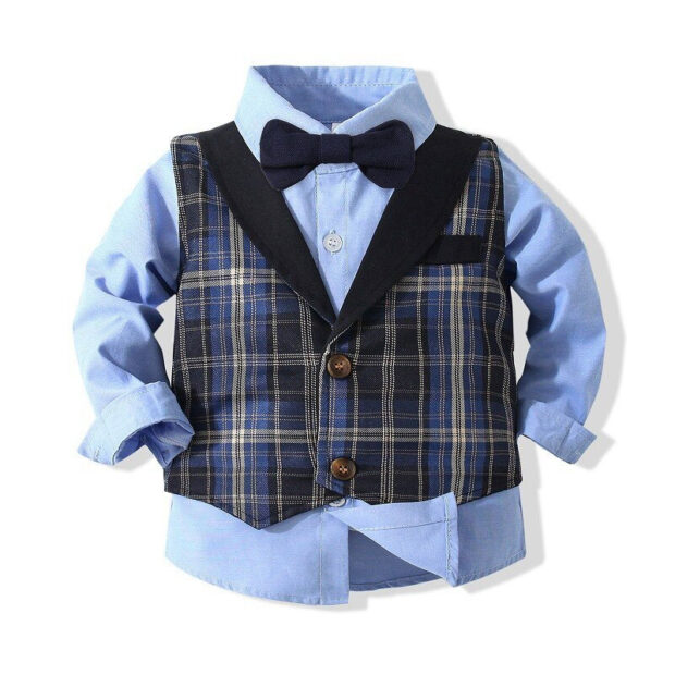 Baby Gentlemen Suit Solid Color Button Up Shirt & Pants Long Sleeve with Bow Tie & Plaid Vest 4 pcs Set - Image 3