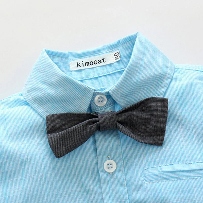 Plain Long Sleeves Collar Shirt Suspenders Shorts with Bowtie - Image 2