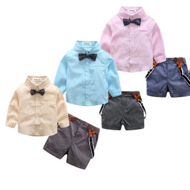 Plain Long Sleeves Collar Shirt Suspenders Shorts with Bowtie