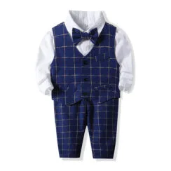 Check Pattern Suit with Button Up Shirt, Pants, Vest, Bow Tie Long Sleeve