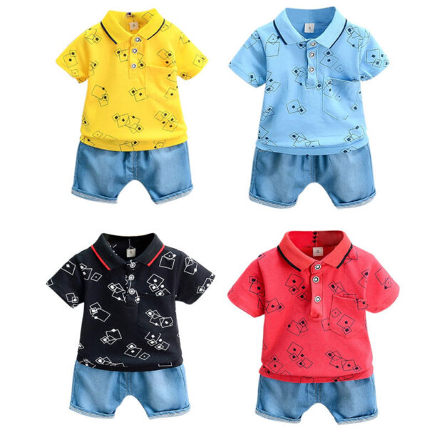 Geometric Pattern Variable Polo Shirt & Denim Shorts Short Sleeve Outfit