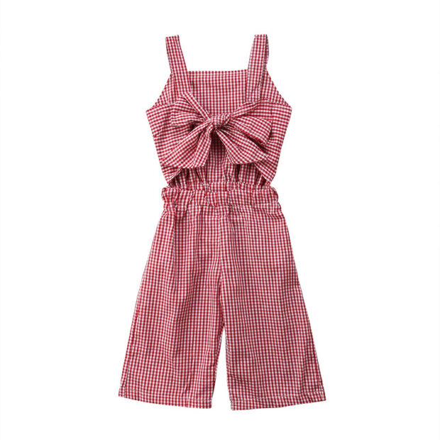 Gingham Ribbon Bowknot Open Belly Jumpsuit Sleeveless for Summer
