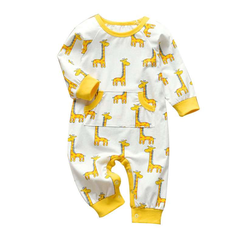 Baby Giraffe Print Jumpsuit Snap On Sleepwear Long Sleeve