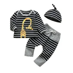 Baby Giraffe Print T-Shirt & Stripe Pants Long Sleeve with Beanie Hat