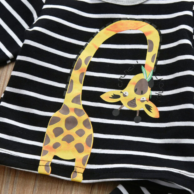 Baby Giraffe Print T-Shirt & Stripe Pants Long Sleeve with Beanie Hat - Image 4