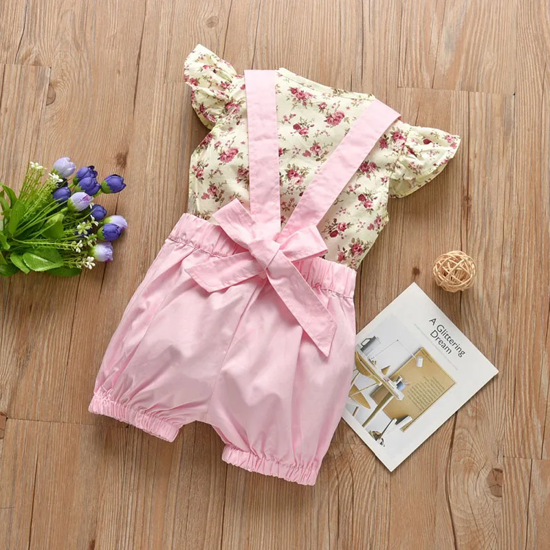 Baby Girl Floral Button Shirt Short Sleeve, Suspender Shorts Ribbon Bow Knot 2 pcs Outfit - Image 3