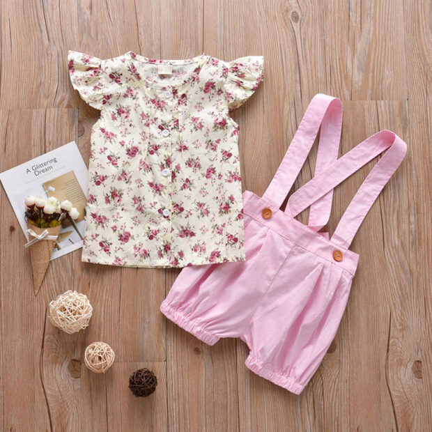 Baby Girl Floral Button Shirt Short Sleeve, Suspender Shorts Ribbon Bow Knot 2 pcs Outfit - Image 2