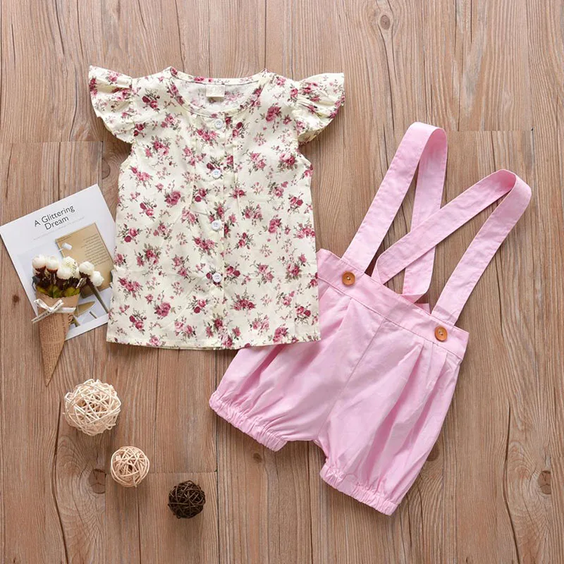 Baby Girl Floral Button Shirt Short Sleeve, Suspender Shorts Ribbon Bow Knot 2 pcs Outfit - Image 2