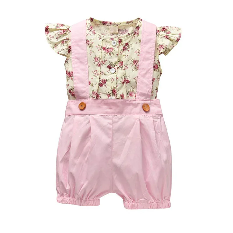 Baby Girl Floral Button Shirt Short Sleeve, Suspender Shorts Ribbon Bow Knot 2 pcs Outfit