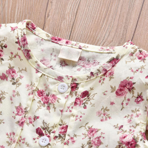 Baby Girl Floral Button Shirt Short Sleeve, Suspender Shorts Ribbon Bow Knot 2 pcs Outfit - Image 4