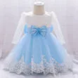 Princess Wedding Floral Ballgown Dress with Beaded Ribbon Bow Long Sleeve for Girls