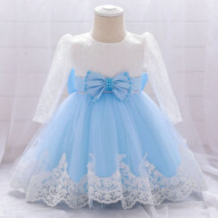 Princess Wedding Floral Ballgown Dress with Beaded Ribbon Bow Long Sleeve for Girls